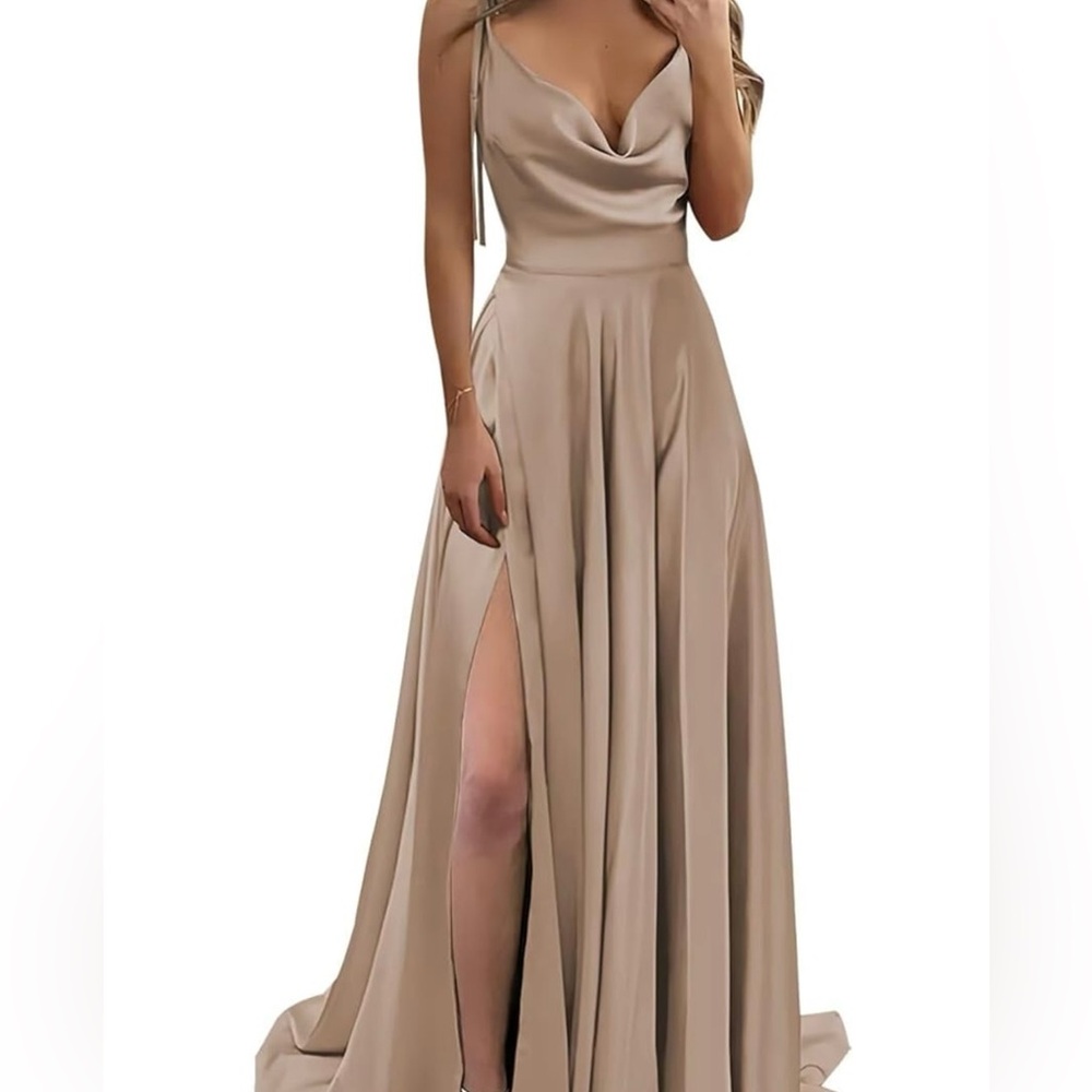 Tan/Taupe Satin Cowl Neck Dress, BRAND NEW (w/tag)